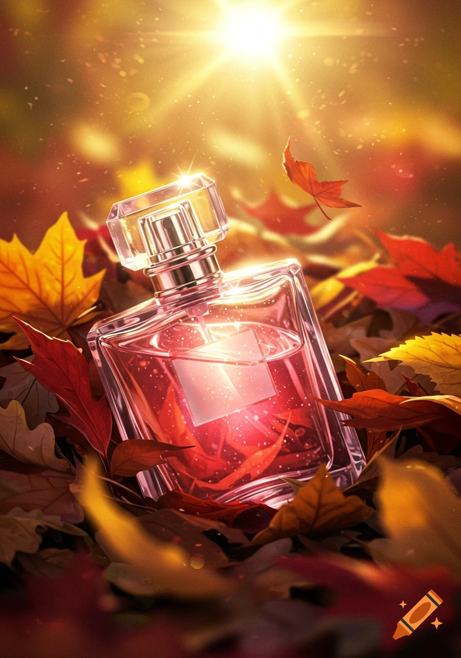 A sparkling perfume bottle with pink liquid in a pile of vibrant autumn leaves, illuminated by golden sunlight.