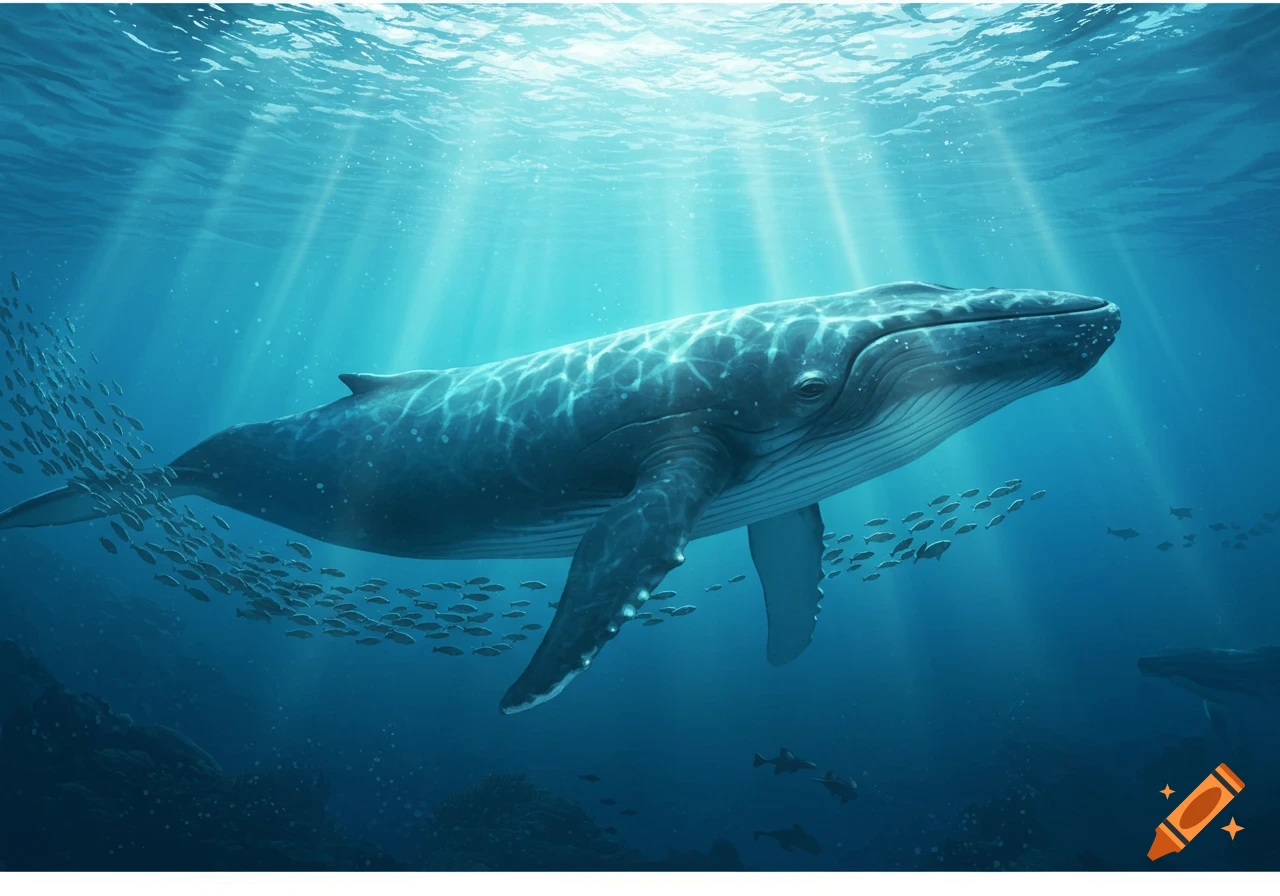 A majestic blue whale swims gracefully underwater, surrounded by schools of small fish, with sunbeams piercing through the surface.