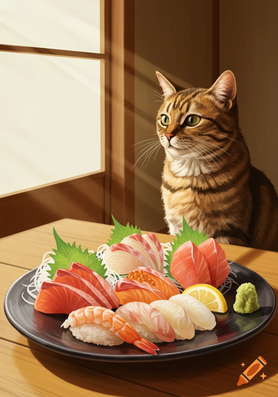 A tabby cat looks intently at a plate of sushi and sashimi on a wooden table, with sunlight streaming through a window. Illustrated style.