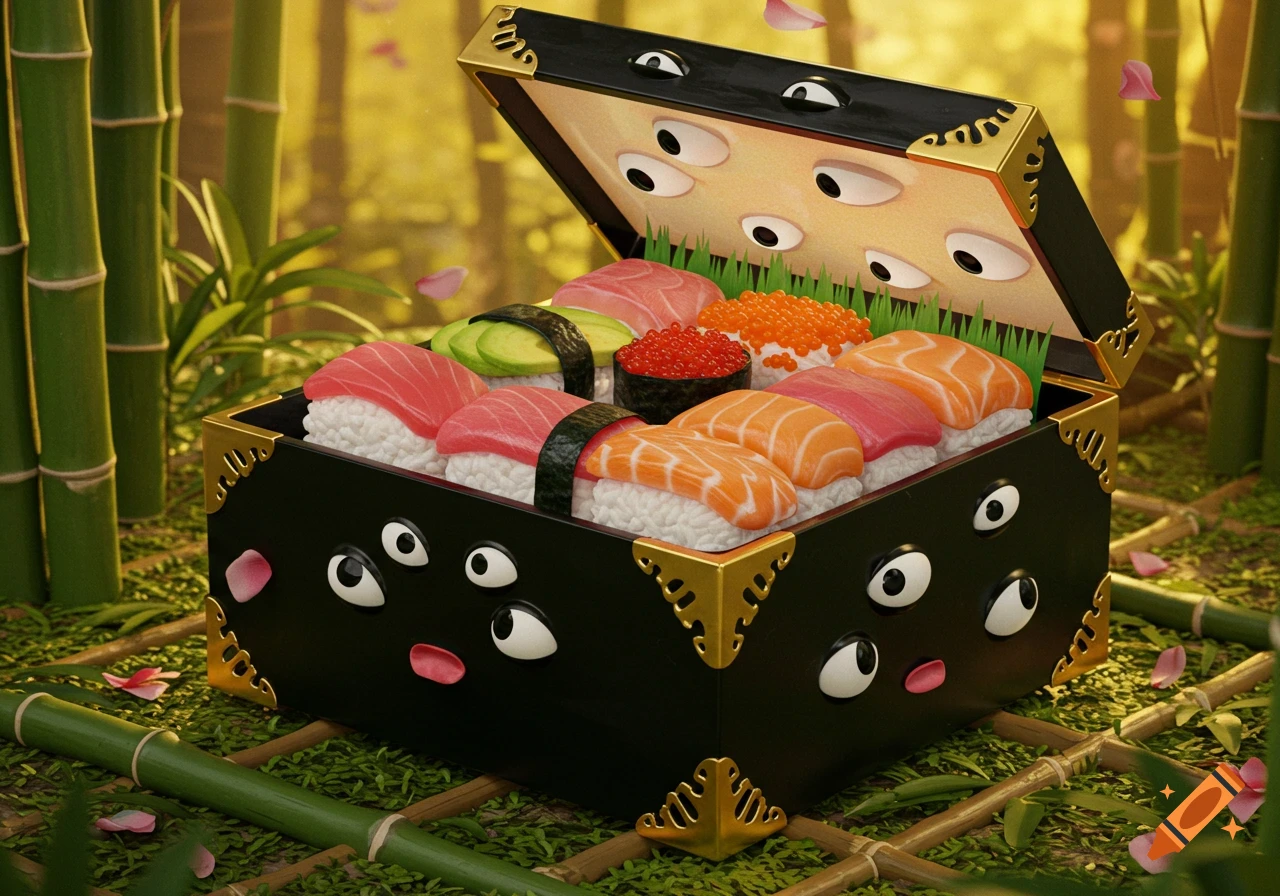 A cute black treasure box with many eyes and mouths, filled with sushi, sits on a bamboo mat in a bamboo forest with pink petals.