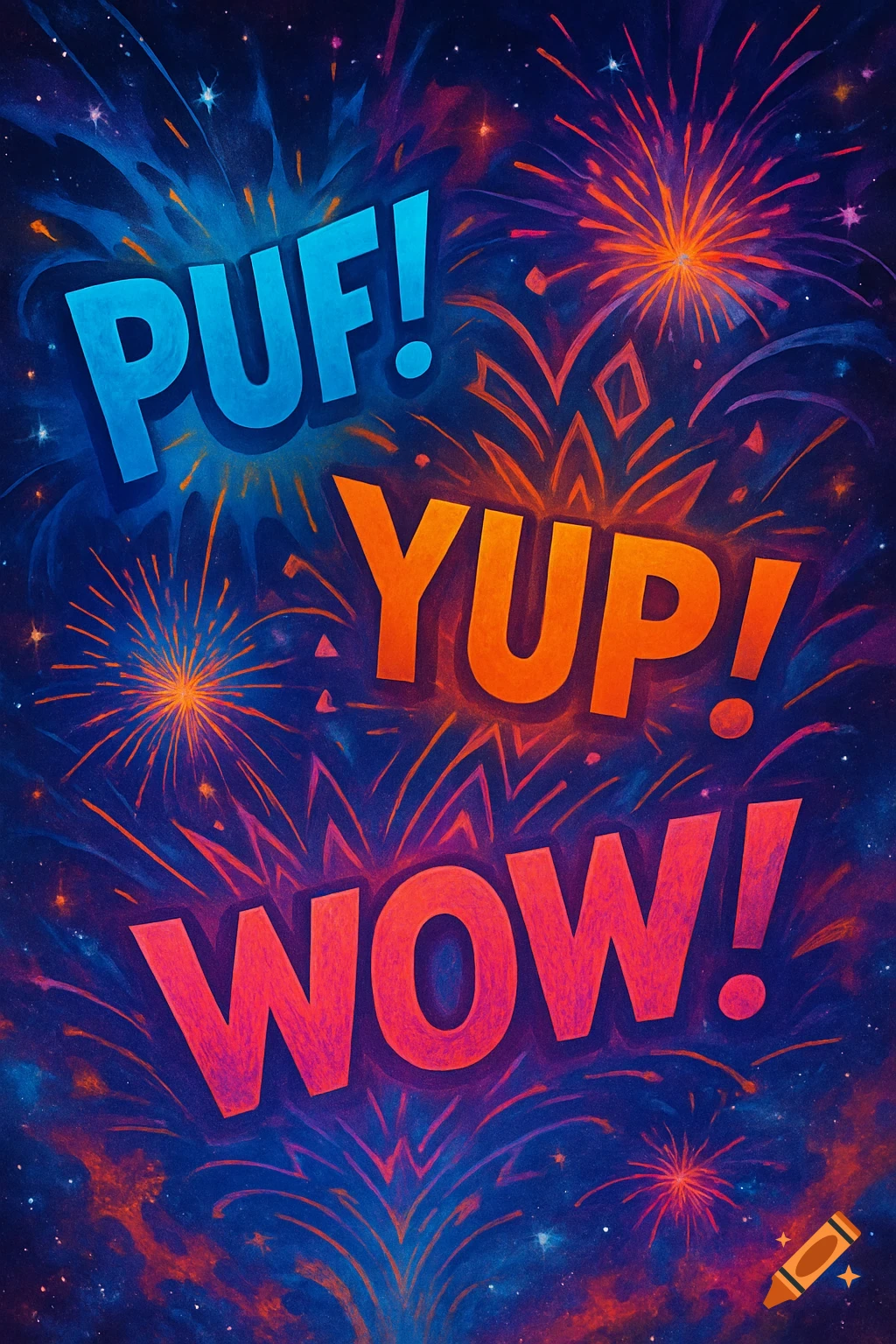 Vibrant blue, orange, and red stylized text 'PUF! YUP! WOW!' on a dark background with colorful fireworks.