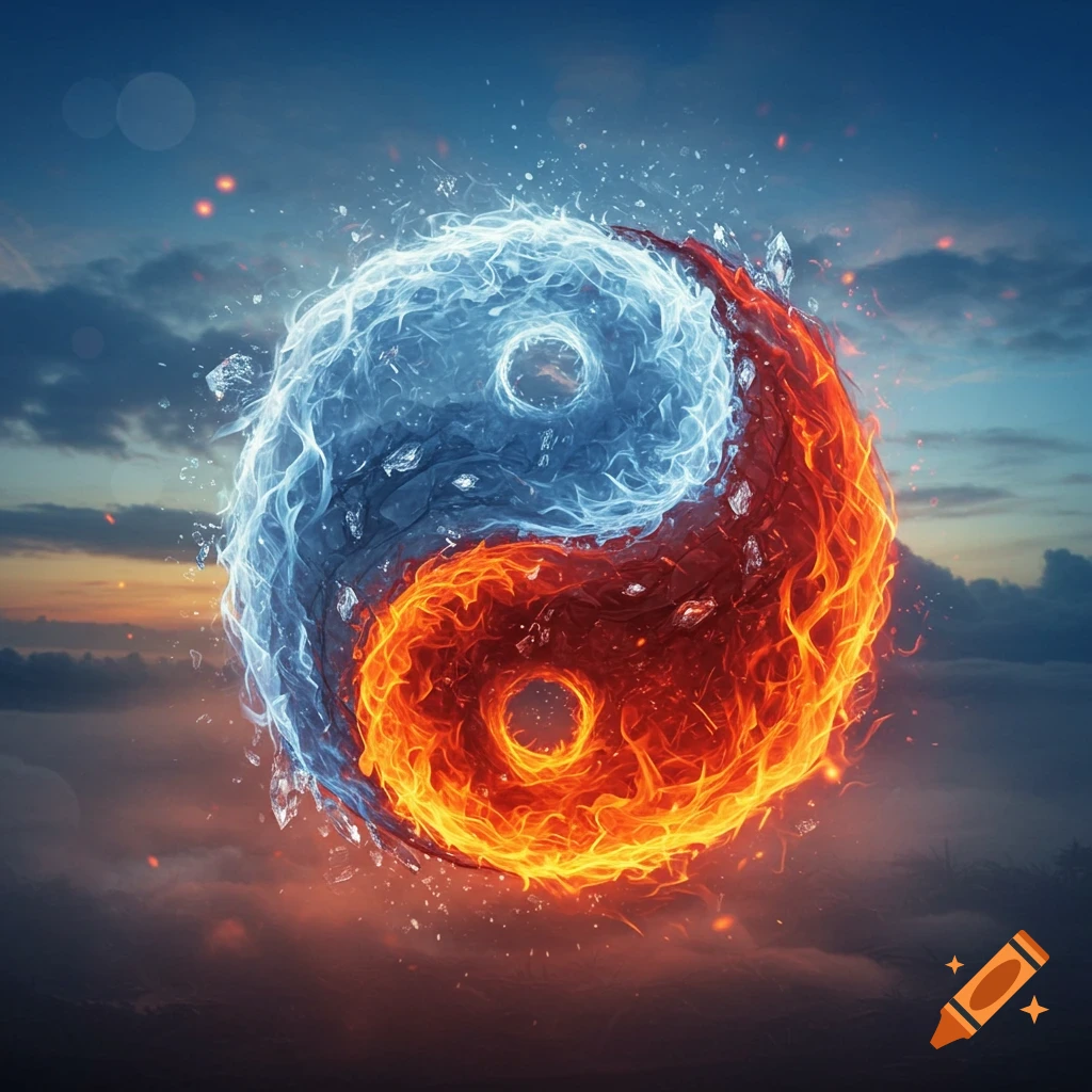 A vibrant yin-yang symbol, with one half made of blue ice and water, and the other of orange flames, set against a cloudy sky.