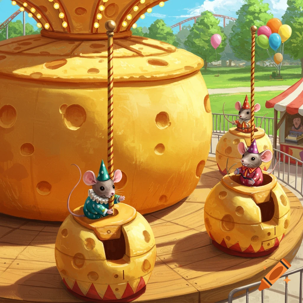 Cartoon mice in party hats ride a whimsical cheese-themed carousel at an amusement park with balloons and a roller coaster.