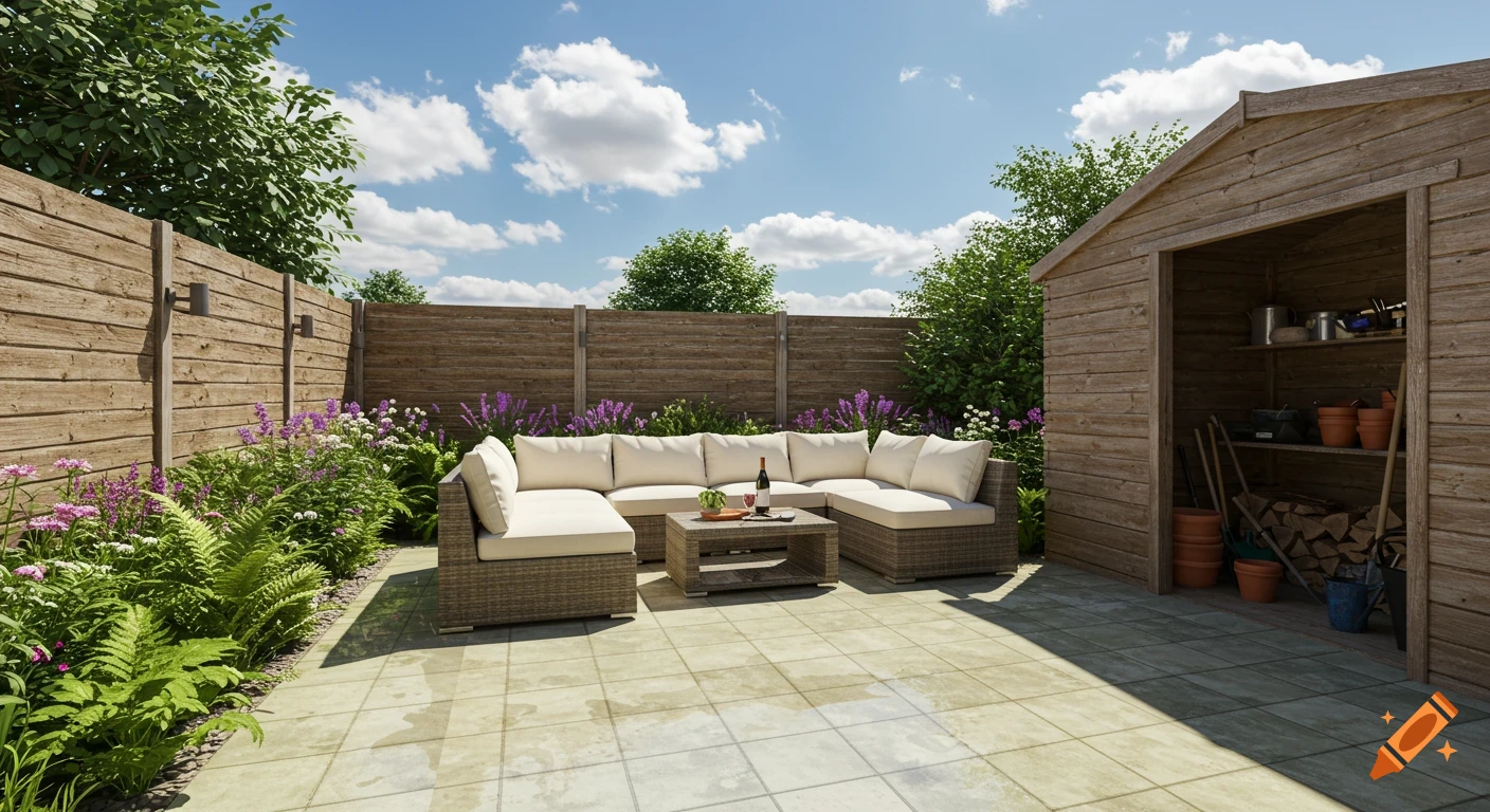 Photorealistic back garden with a tiled patio, rattan sofa set, wooden fence, flower beds, and an open wooden shed.