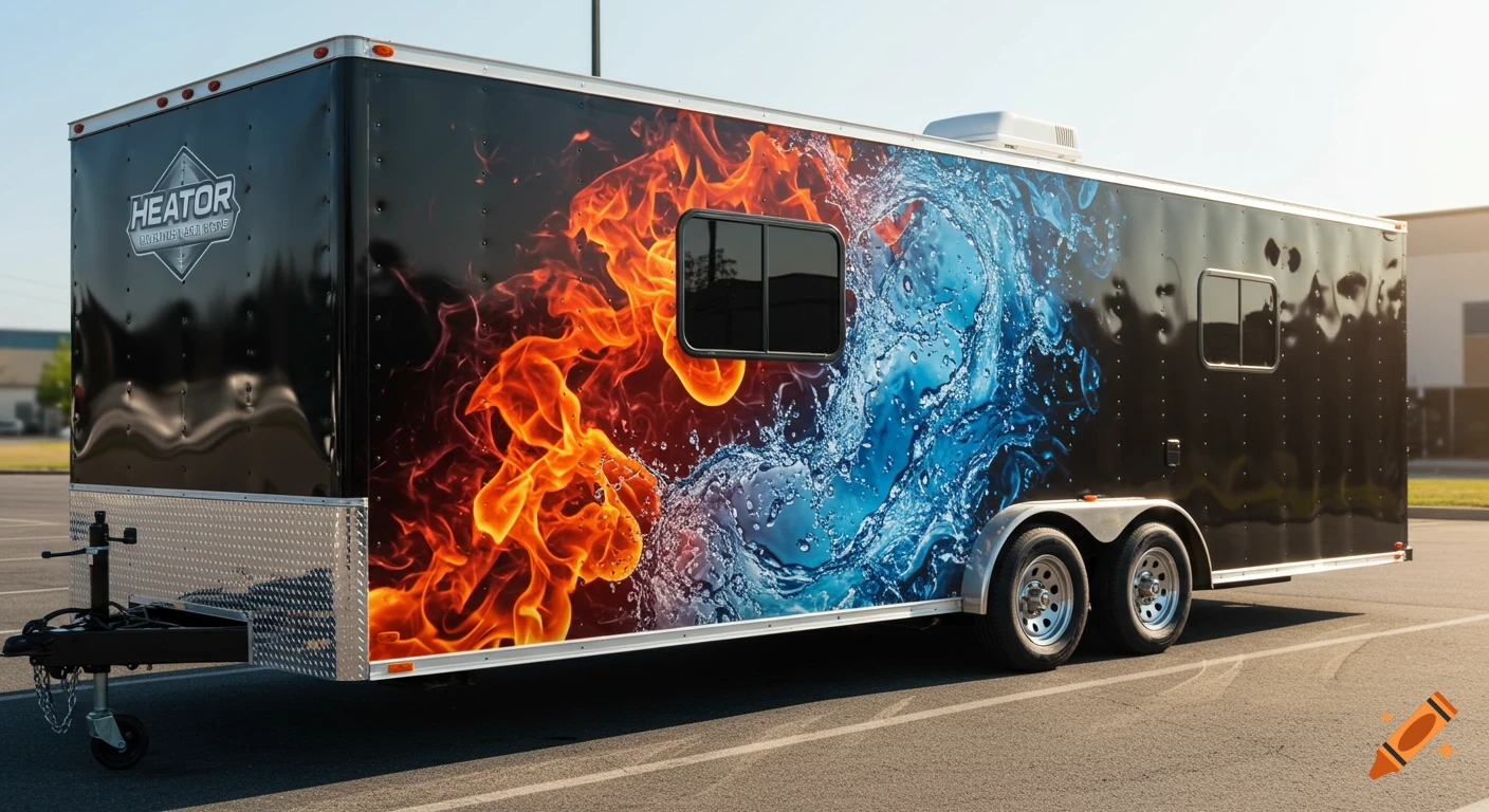 A black enclosed trailer features a vibrant graphic of red flames merging with blue water splashes on its side. The brand "HEATOR" is visible on the back.