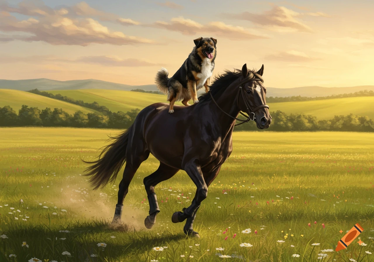 A Bernese mountain dog stands on the back of a dark horse galloping through a green pasture at sunset, with rolling hills.
