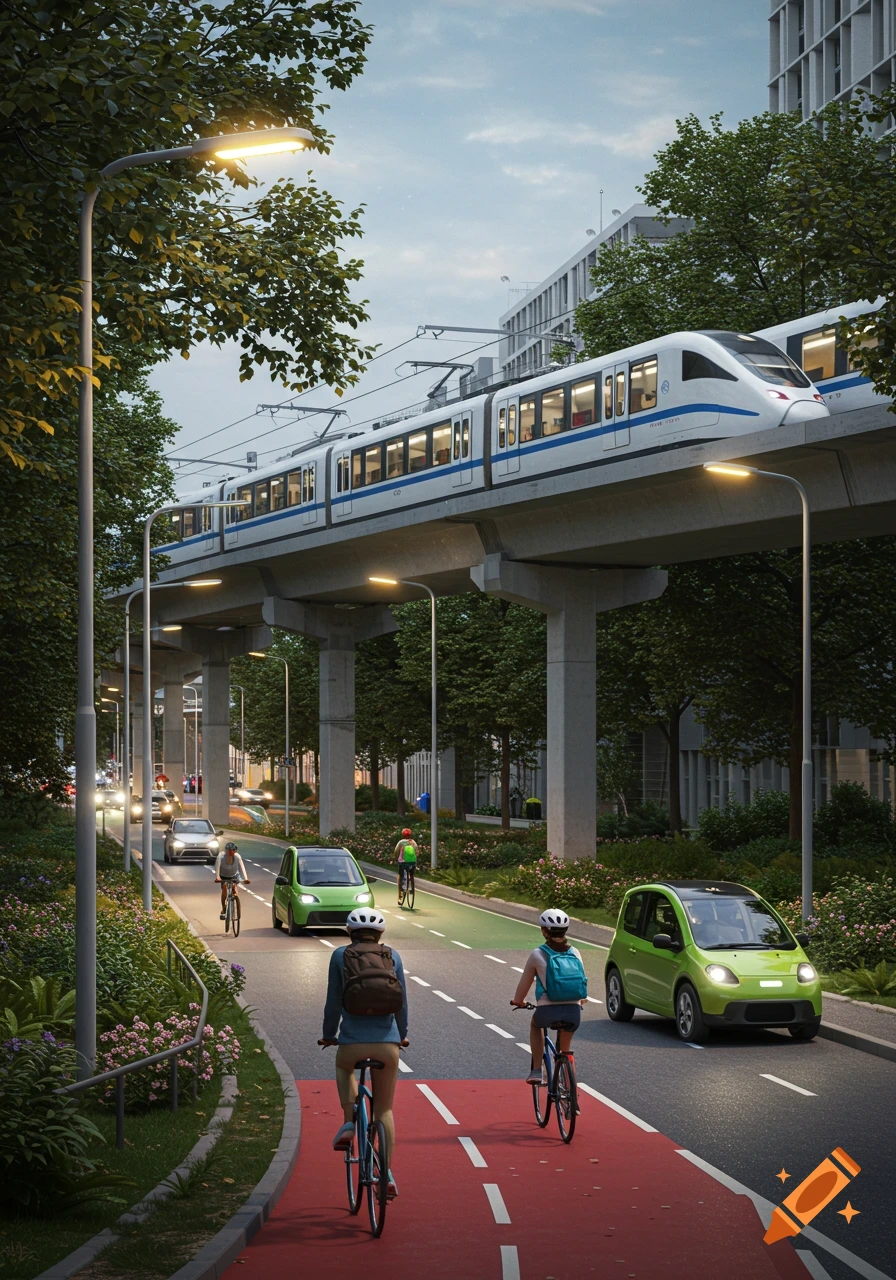A modern city scene features an elevated train on a concrete structure, cars on a road, and cyclists on red and green bike lanes, amidst trees and buildings.