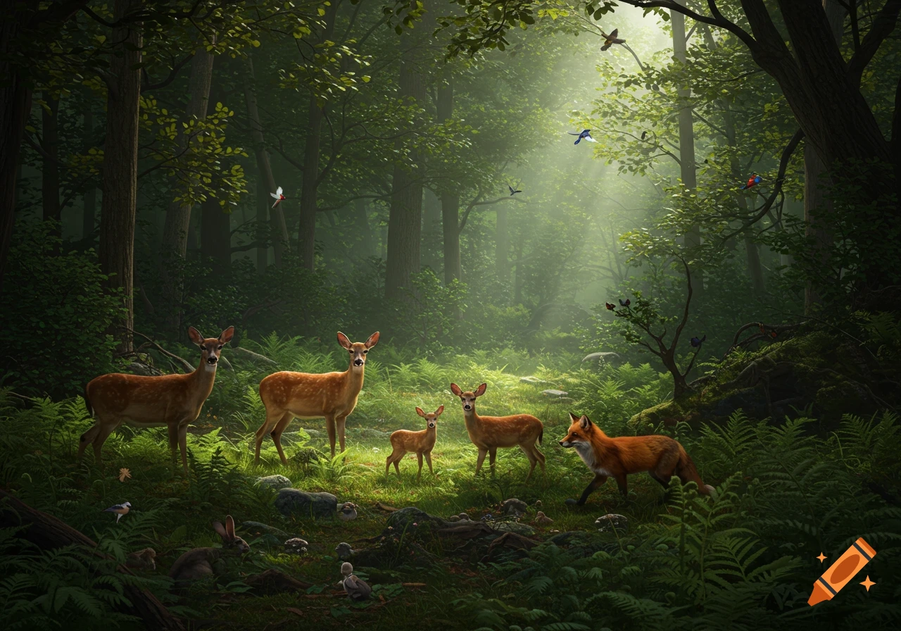 A photorealistic depiction of deer, a fox, rabbits, and birds in a lush, sunlit forest.
