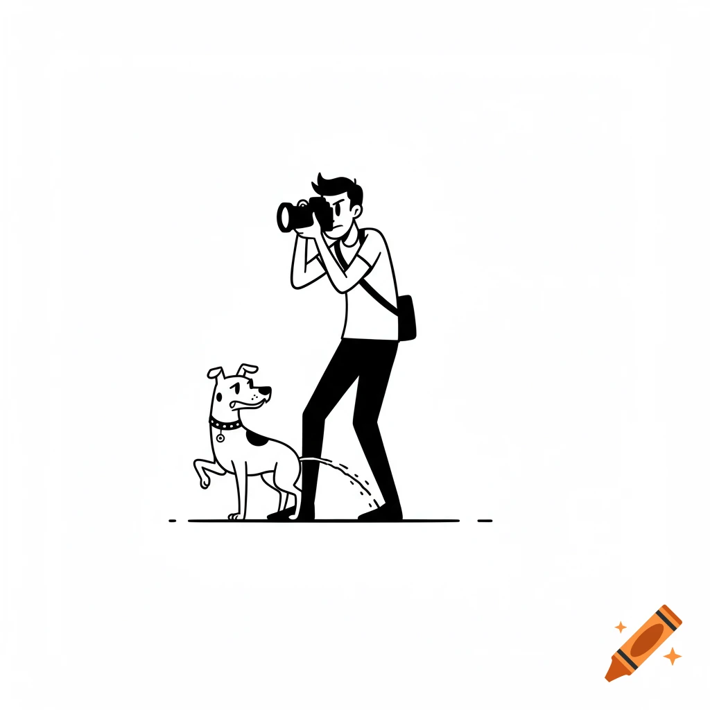 Black and white cartoon of a photographer taking a picture while a dog urinates on his leg.
