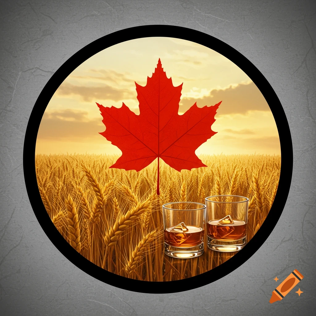 A stylized red maple leaf rises from a sunny barley field with two glasses of whiskey, all in a black circular frame on a grey background.