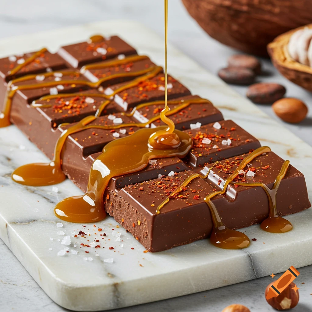 Photorealistic close-up of a chocolate bar with caramel, chili powder, and sea salt on a marble board, with cocoa pods and nuts.