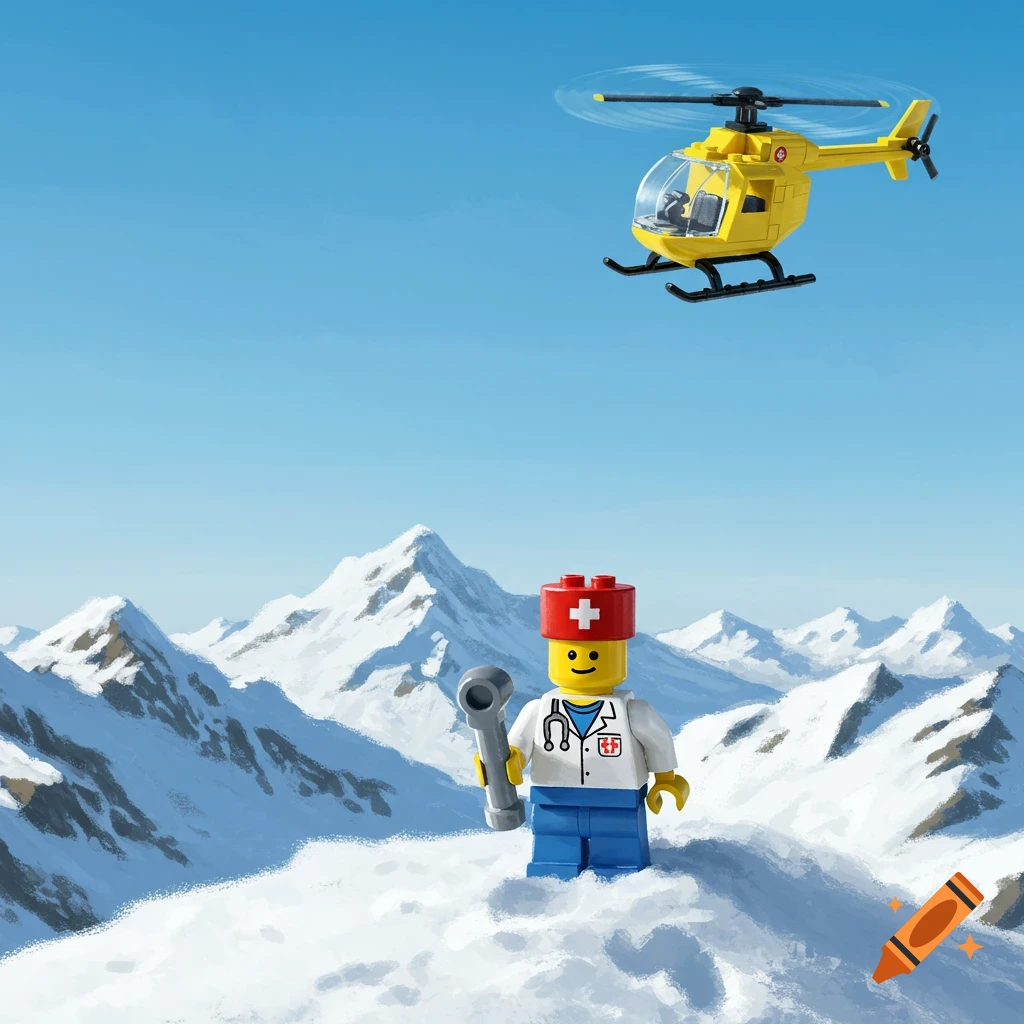 A Lego doctor stands on a snowy mountain peak with a yellow Lego helicopter flying above in a clear blue sky.