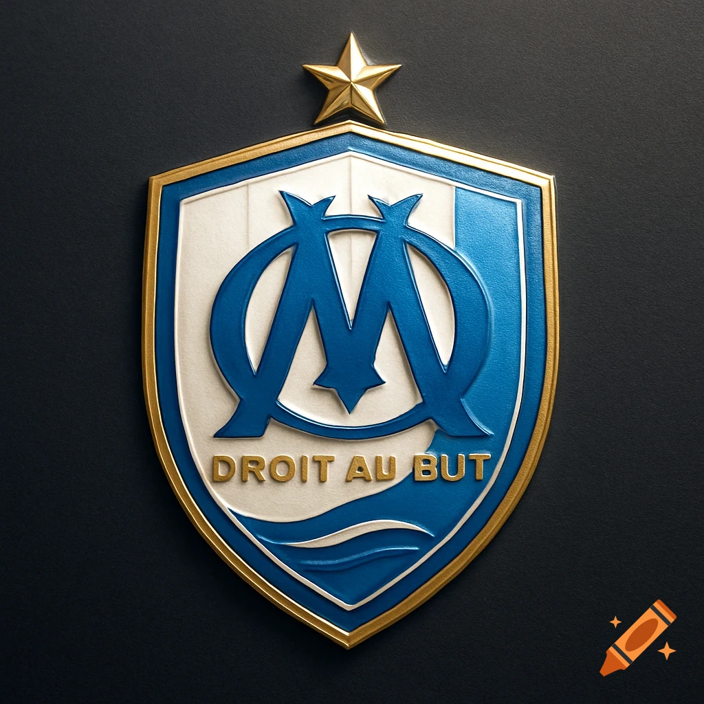A realistic, embossed gold, white, and blue shield logo with a stylized "OM" and "DROIT AU BUT" text, topped with a gold star, on a dark background.