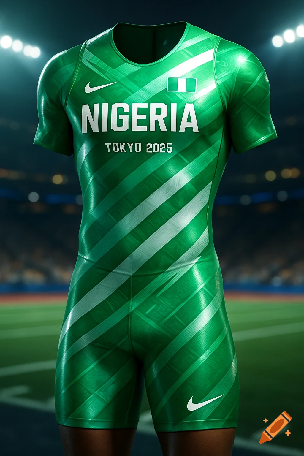 Green and white striped Nigerian athletic running kit with Nike logo, 'NIGERIA', and 'TOKYO 2025' text, in a stadium setting.