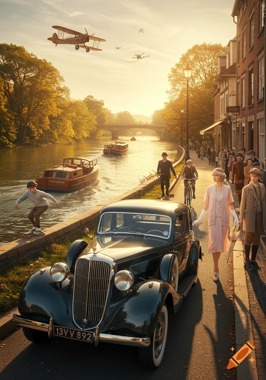 A vibrant, photorealistic scene of a bustling 1930s European street with a vintage car, people in period clothing, boats on a river, and planes in the sky at sunset.