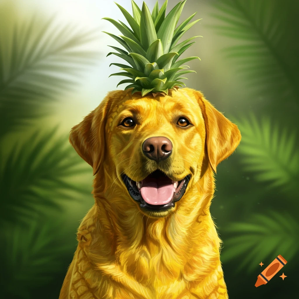 A golden Labrador dog with pineapple skin-like fur and a pineapple top on its head, smiling in a tropical setting.