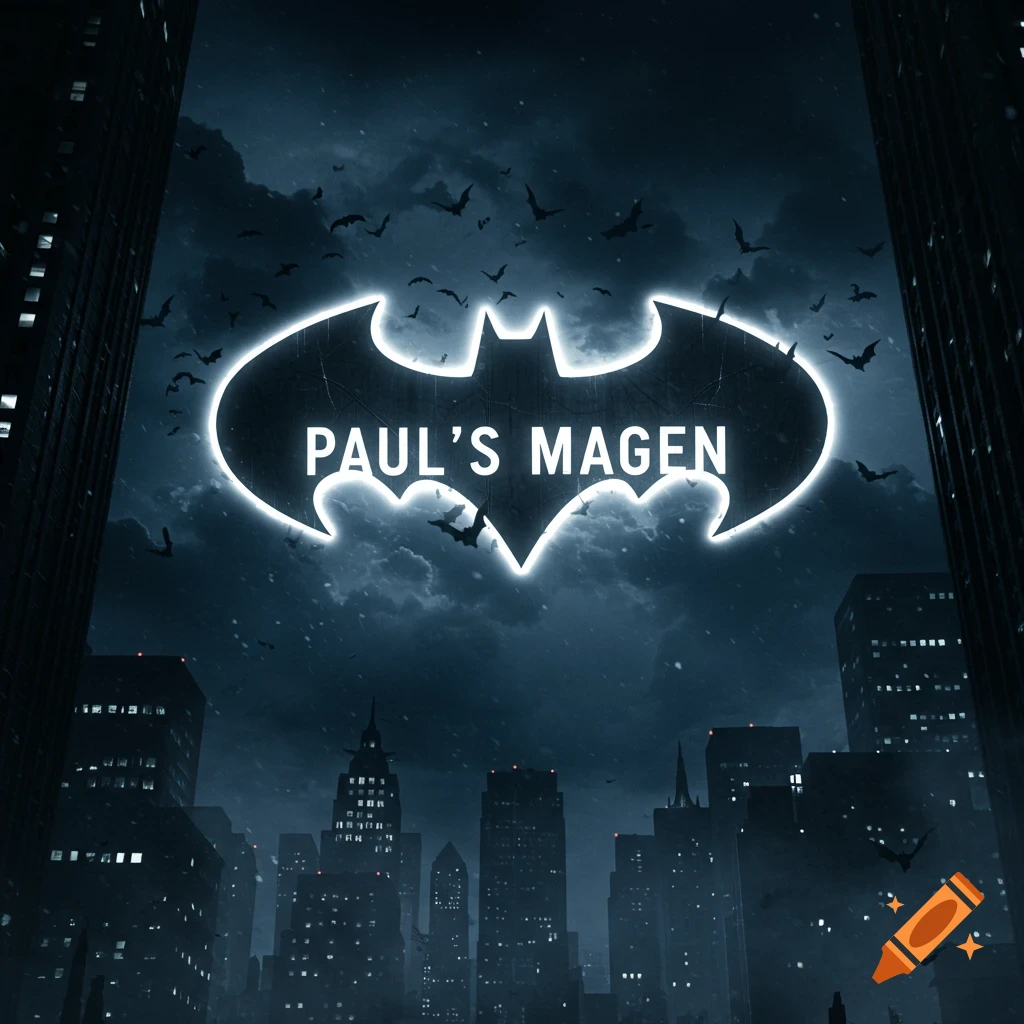 The Batman bat signal with the text 'PAUL'S MAGEN' shines over a dark, cloudy Gotham city skyline with bats flying around.