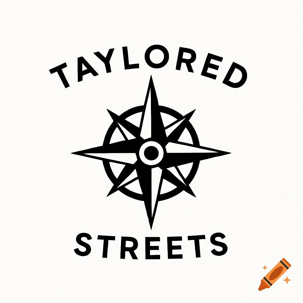 A minimalist black and white logo featuring a symmetrical compass rose centered between the arched word "TAYLORED" above and "STREETS" below.