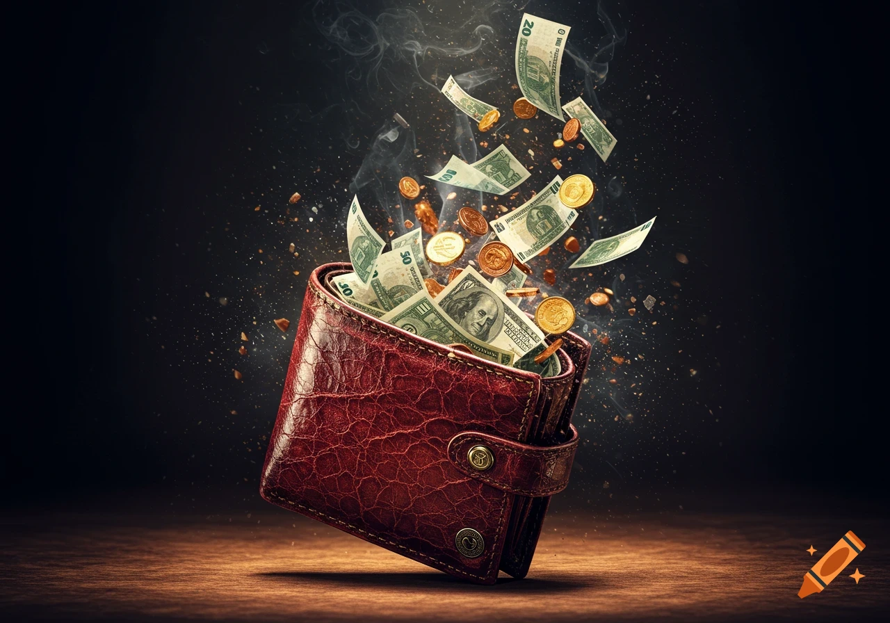 A red leather wallet bursts open, spilling US dollar bills, gold coins, and sparks into a smoky, dark background.