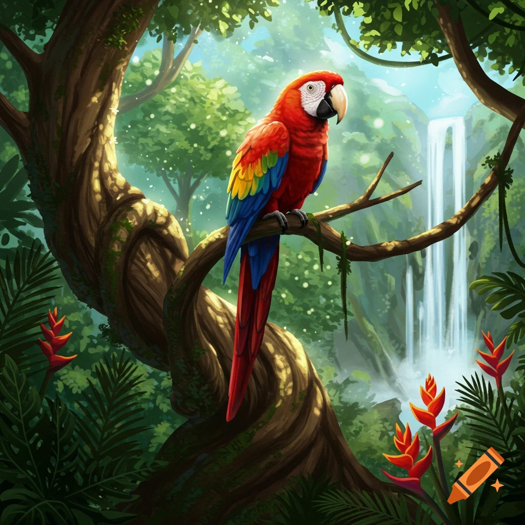 A vibrant red and blue macaw perches on a twisted tree branch in a lush, sunny jungle with a waterfall, illustrated in an artistic style.