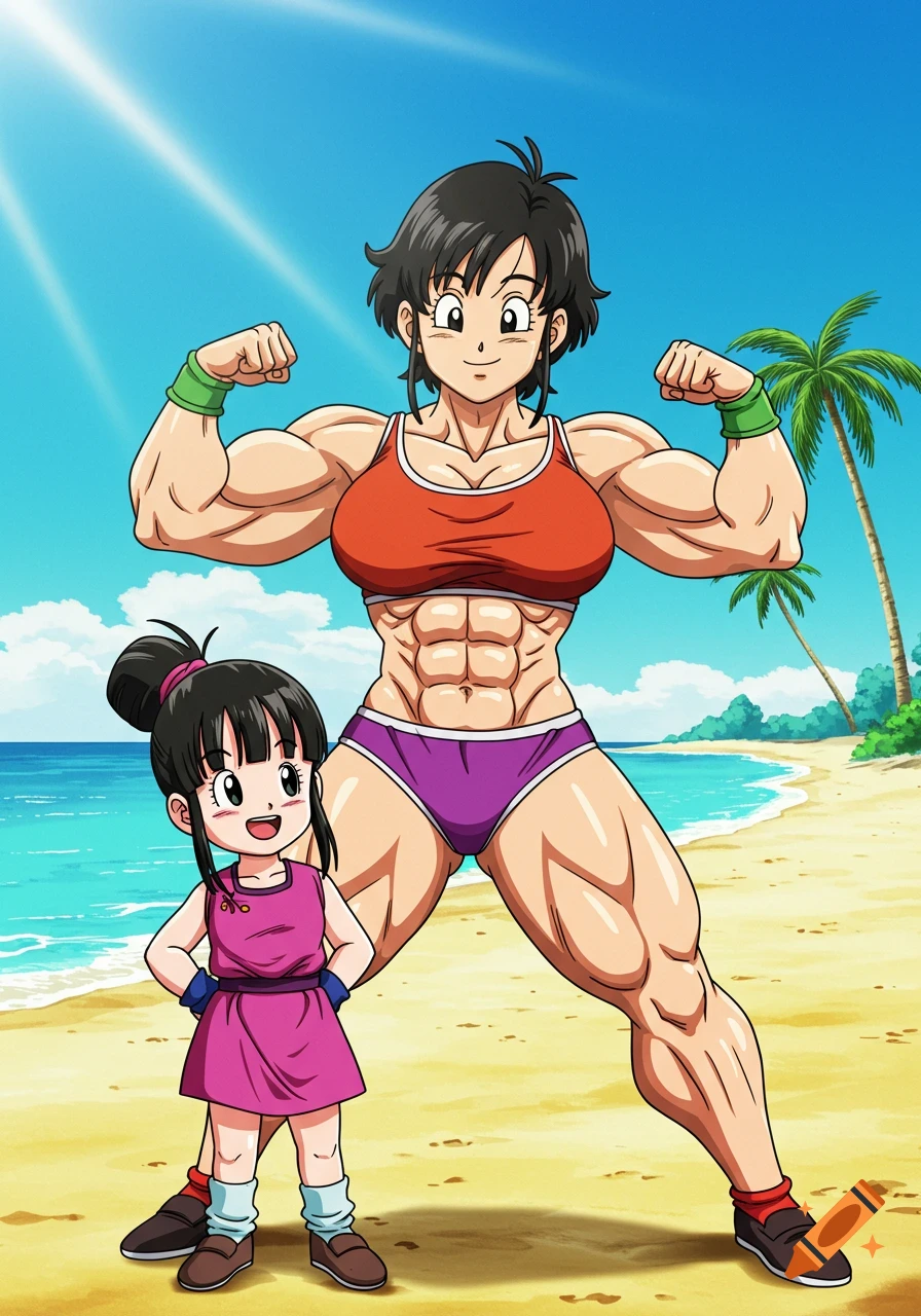An anime muscular woman in a red sports bra and purple shorts flexes on a sunny beach next to a small girl in a pink dress.