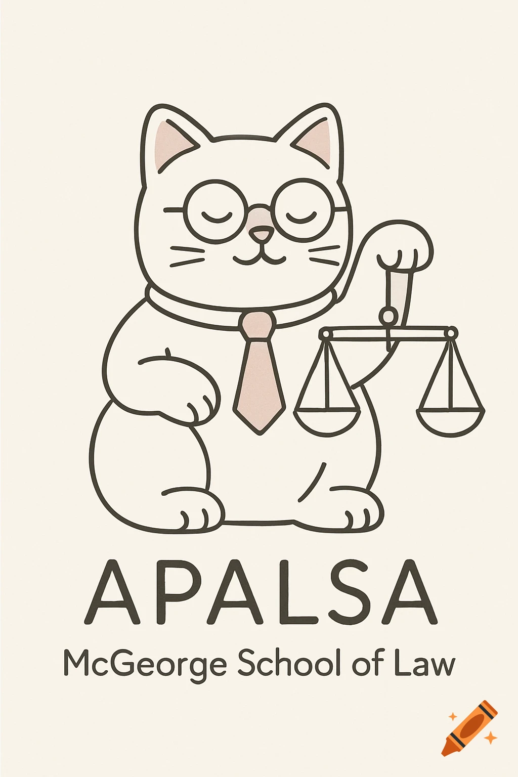 A minimalist line art illustration of a white cat wearing glasses and a tie, holding the scales of justice, with text "APALSA" and "McGeorge School of Law" below.