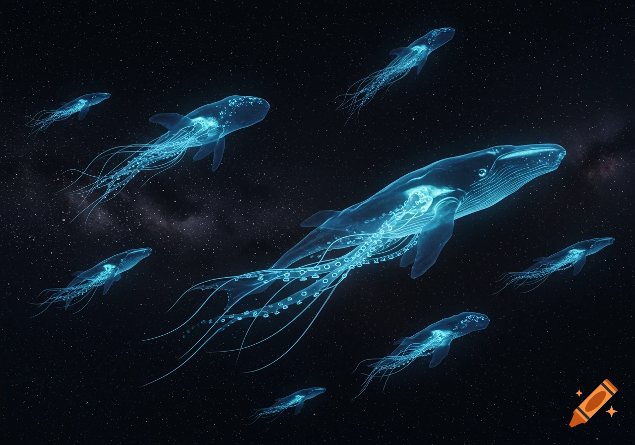 A group of translucent, glowing blue whale-jellyfish hybrids with long tentacles drifts through a dark, star-filled cosmic ocean.