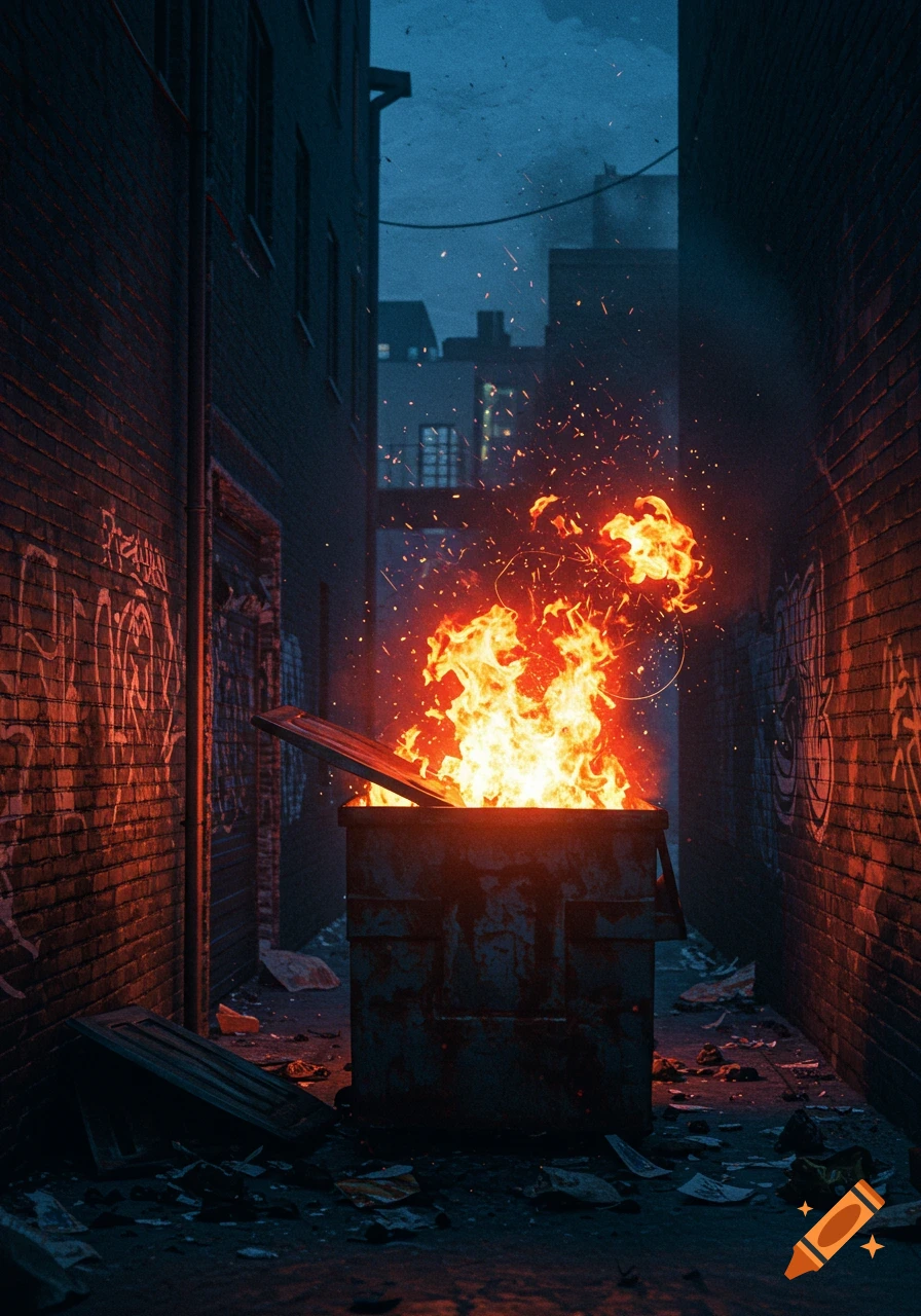A photorealistic image of a dumpster blazing with fire in a dark, graffiti-covered urban alley at night.