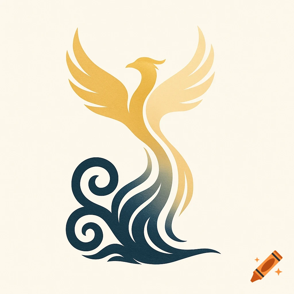 A stylized golden phoenix rising from dark blue swirling waves on a cream background.