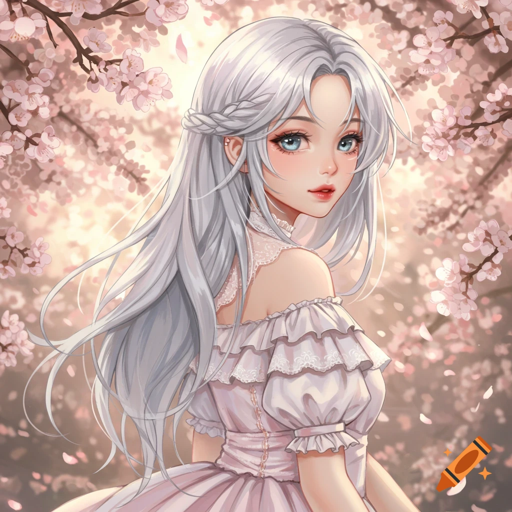 Anime illustration of a girl with long white hair and blue eyes, wearing a pink ruffled dress, surrounded by cherry blossoms.