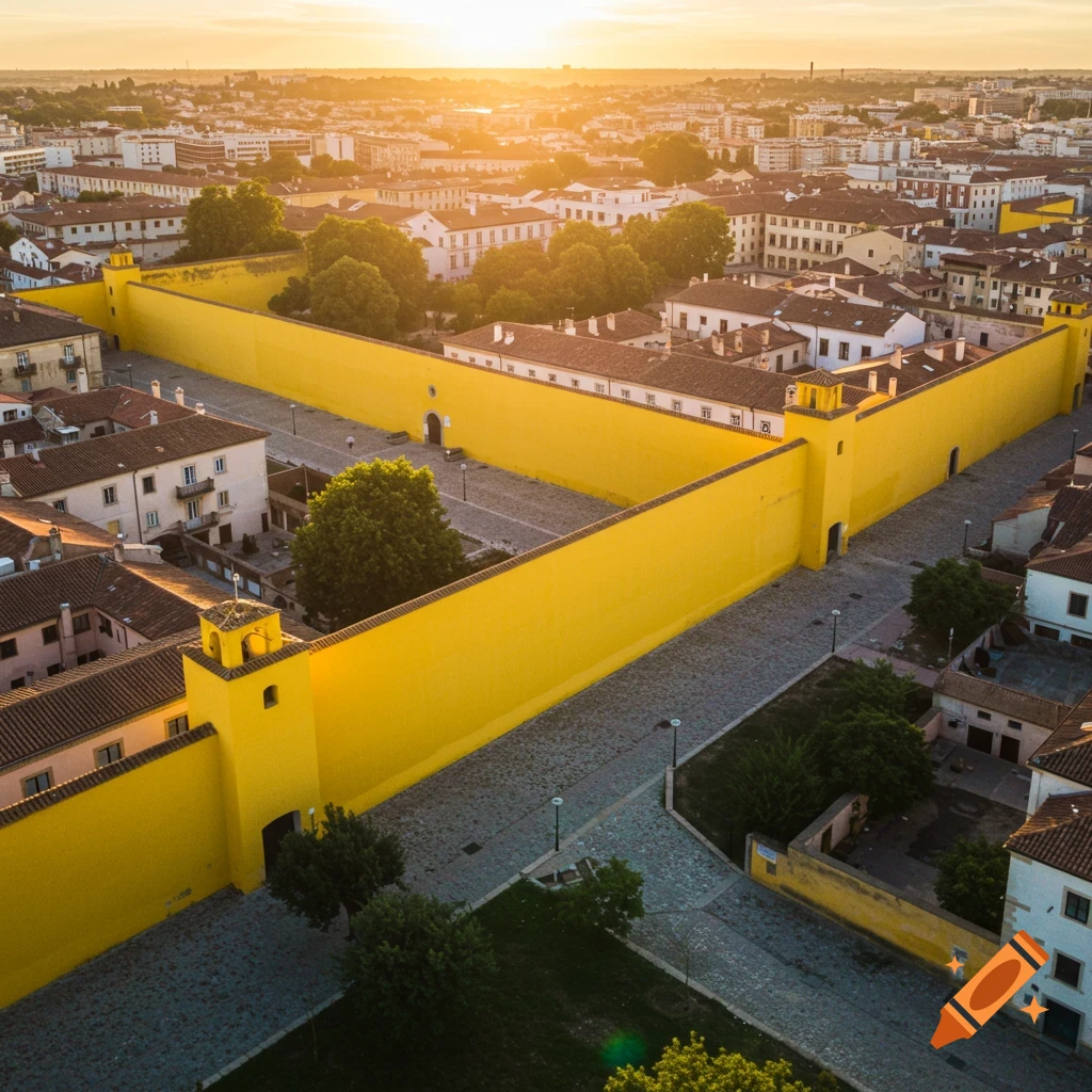 Aerial view of a bright yellow wall enclosing a complex of buildings in a city at sunset.