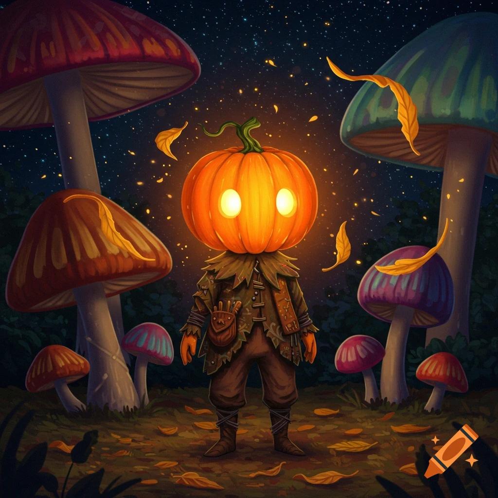 A glowing pumpkin-headed character stands in a whimsical dark forest surrounded by giant mushrooms and falling leaves under a starry sky.