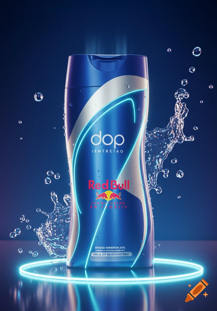 A blue and silver shower gel bottle with Dop and Red Bull branding, surrounded by water splashes and bubbles, stands on a reflective surface with a glowing blue ring.