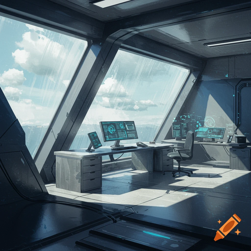A futuristic control room with computer screens displaying data, large windows offer a view of a cloudy sky and distant mountains.