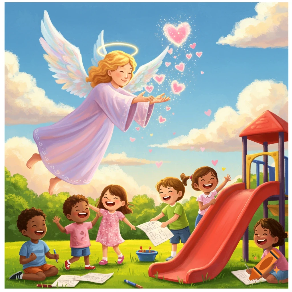 A vibrant illustration of a happy angel showering pink hearts over diverse children playing and drawing in a sunny park with a playground.