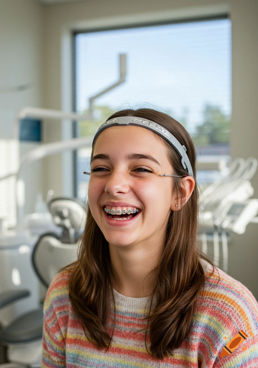 A smiling young girl with braces and headgear at the dentist's office.