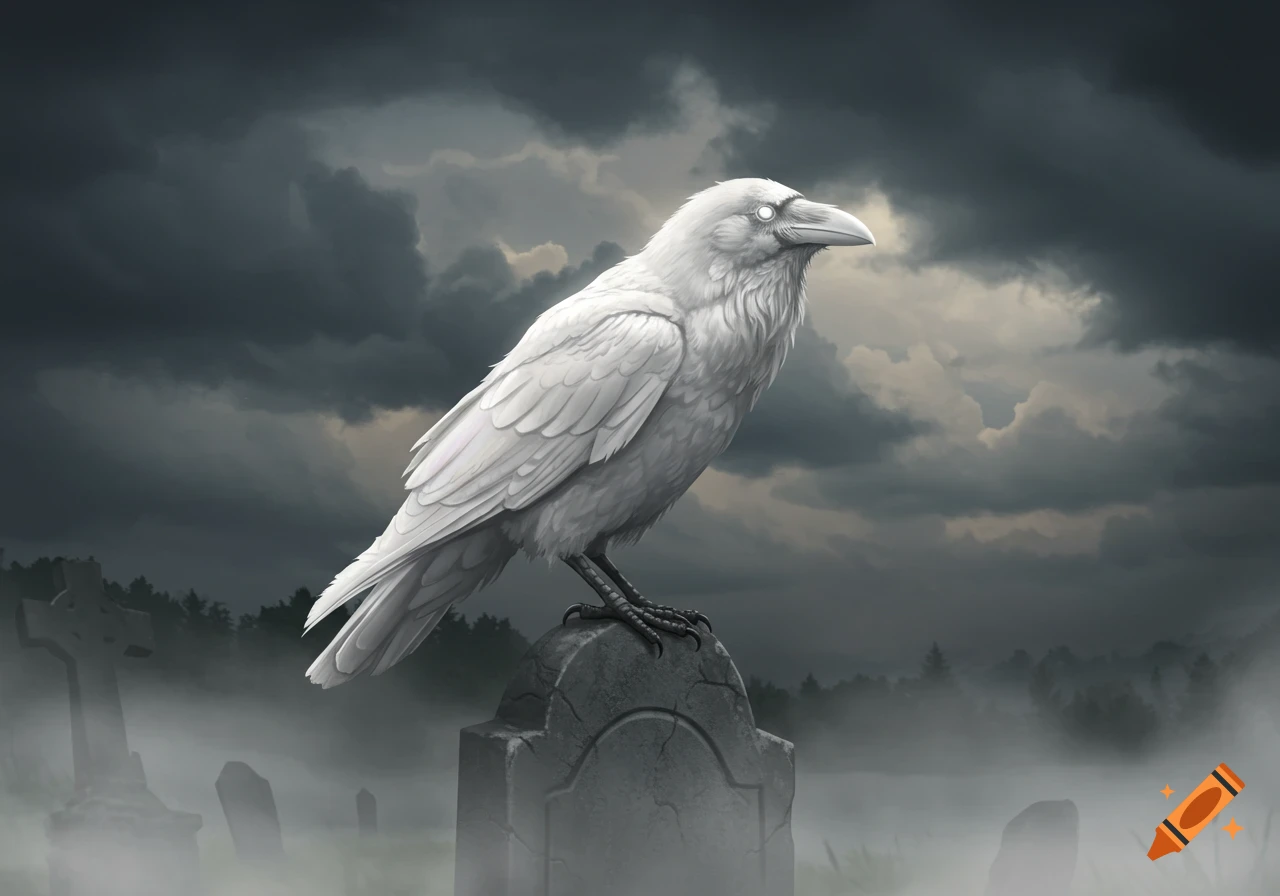 A white raven with glowing eyes perches on a tombstone in a foggy graveyard under a dark, stormy sky.