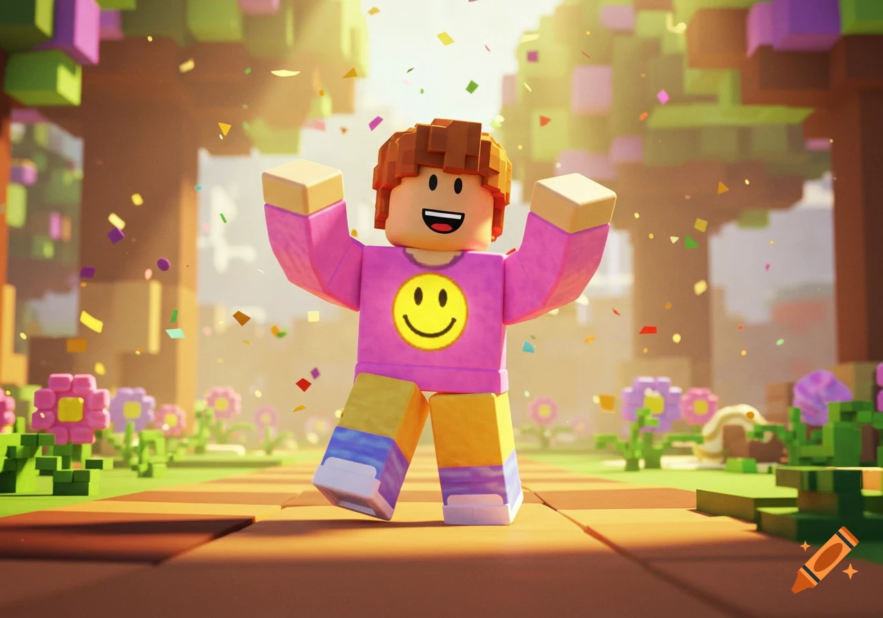 A happy Roblox-style character with a smiley face on its shirt raises its arms amidst colorful confetti in a bright, blocky world.