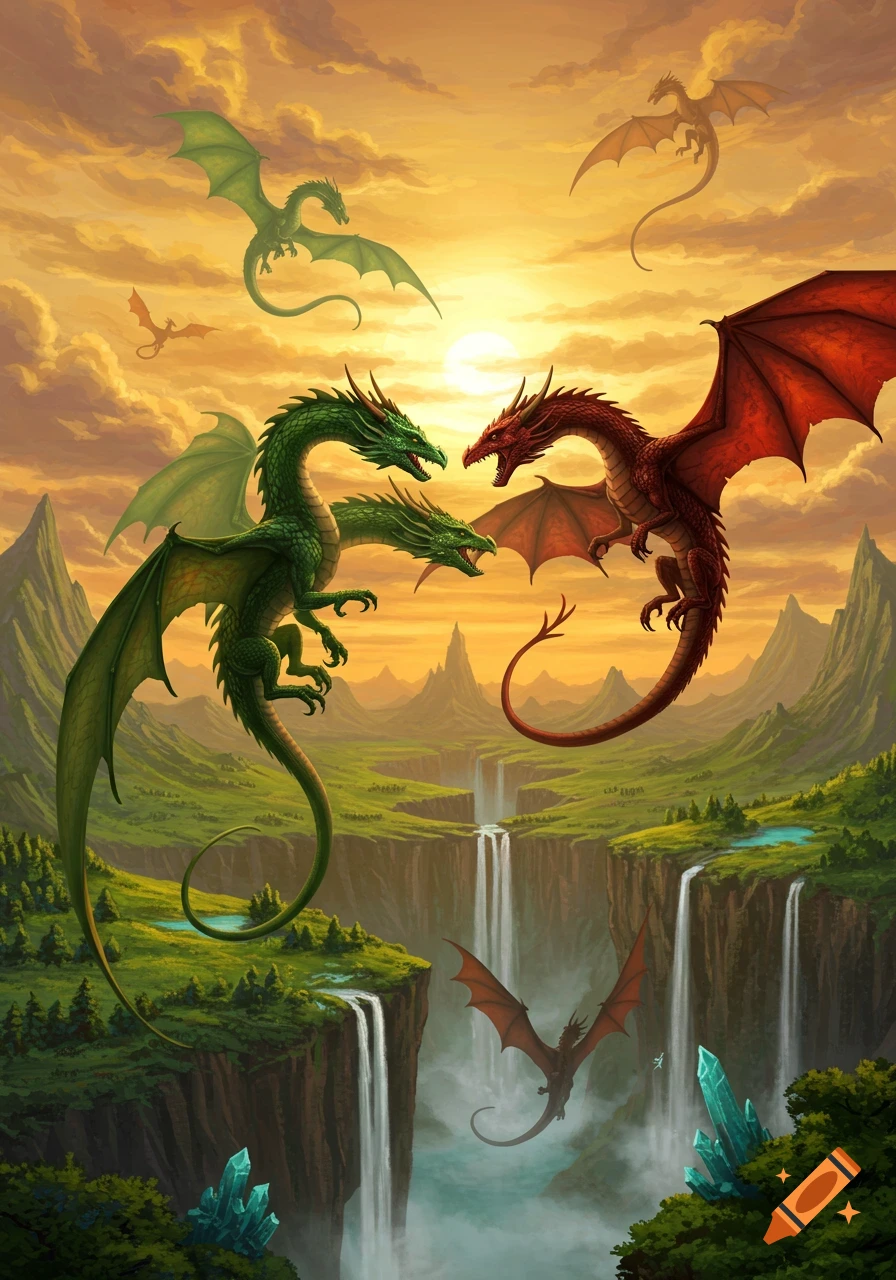 A detailed fantasy illustration of a two-headed green dragon and a red dragon flying above a lush valley with waterfalls at sunset.