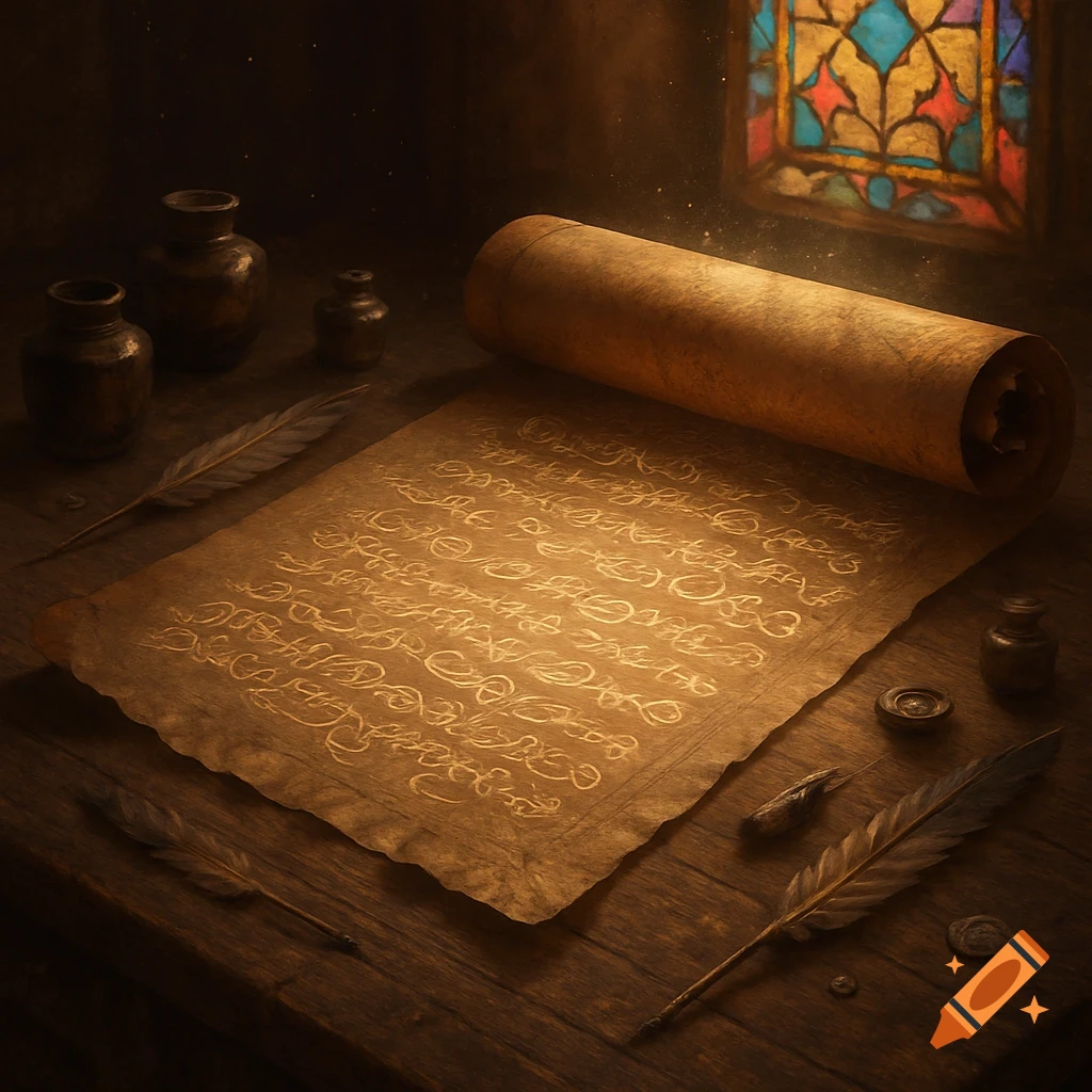 An illuminated ancient scroll with mysterious text, quills, and ink pots on a wooden table, next to a stained glass window.