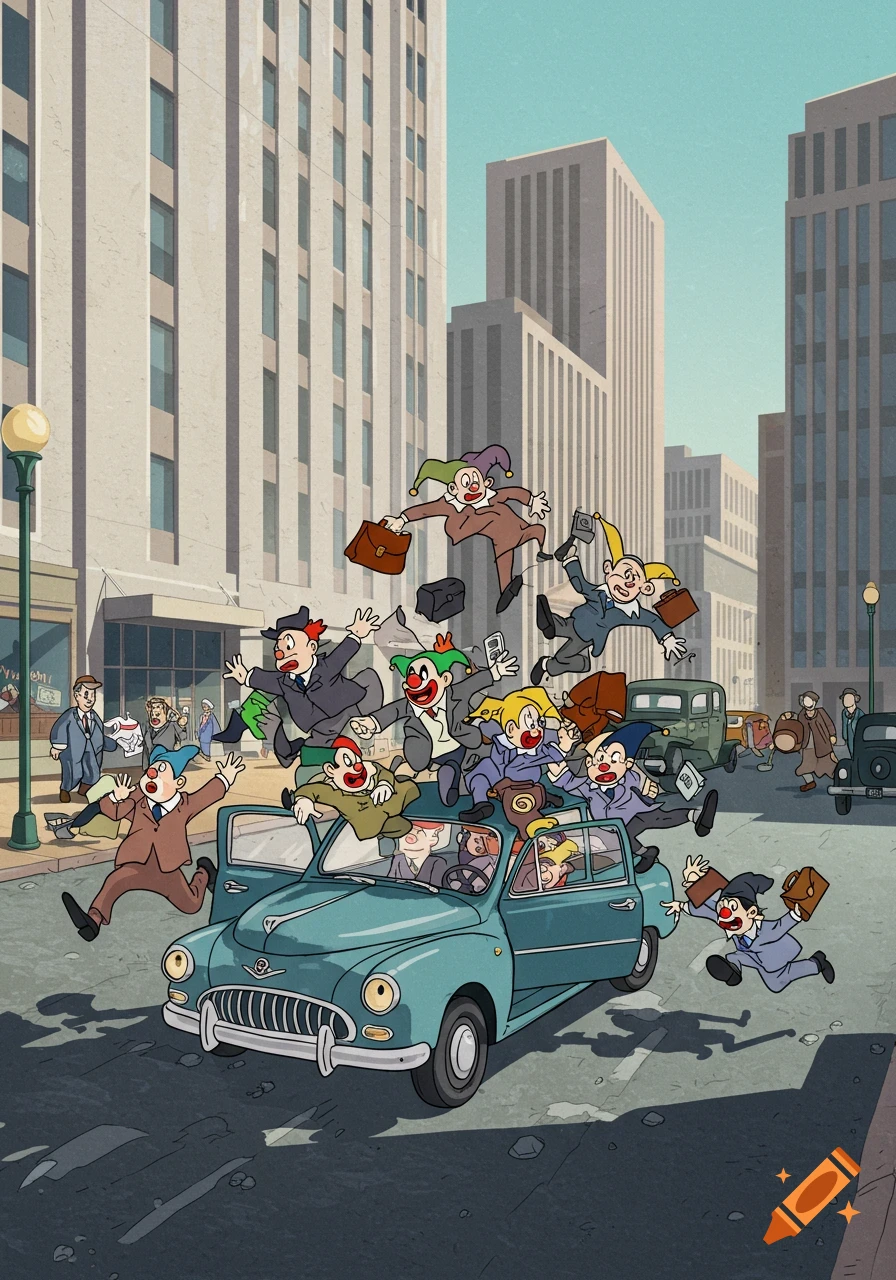 A vintage cartoon depicts many business-suited clowns, carrying briefcases, excitedly pouring out of a small blue car on a city street with tall buildings in the background.