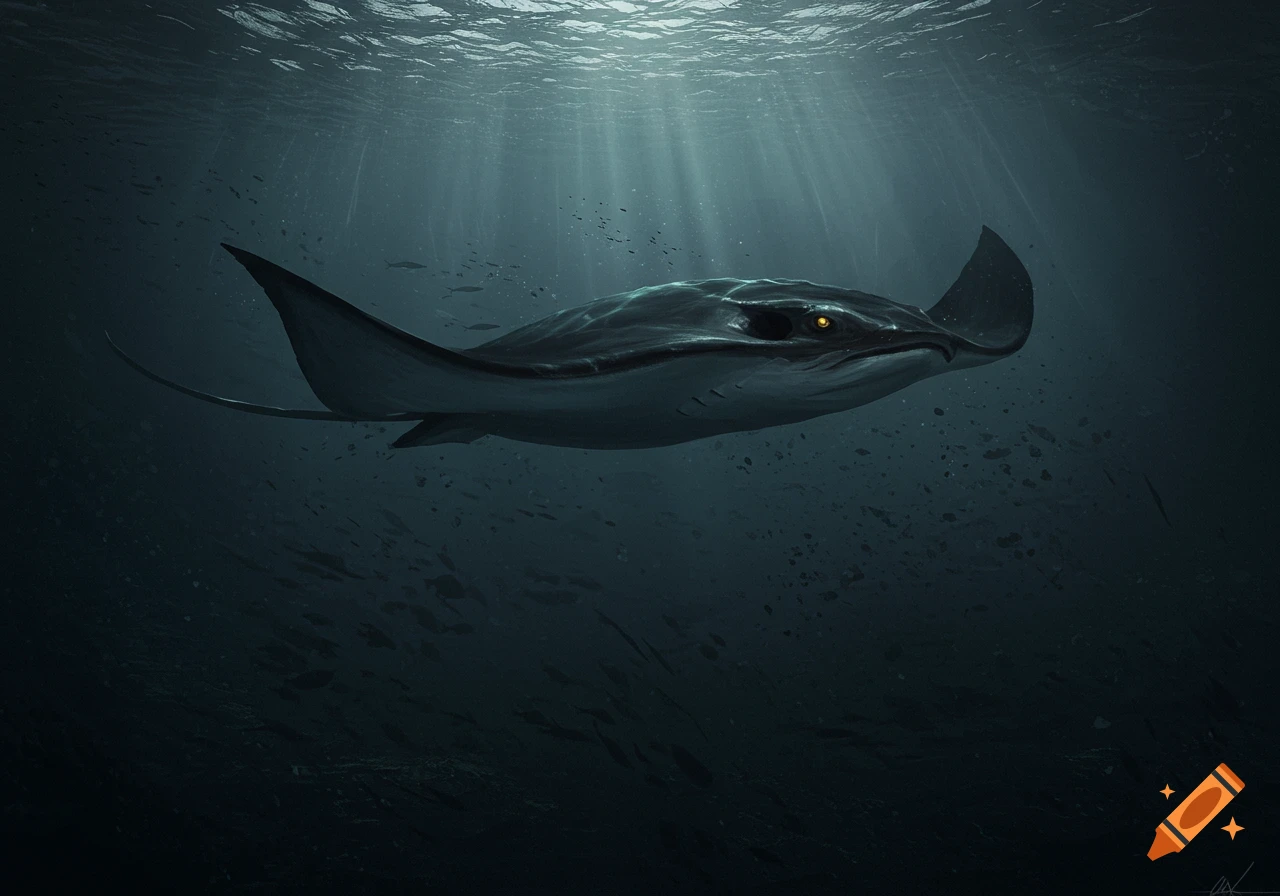 An ominous manta ray with glowing yellow eyes swims through dark, murky ocean waters, lit by sunbeams from above.