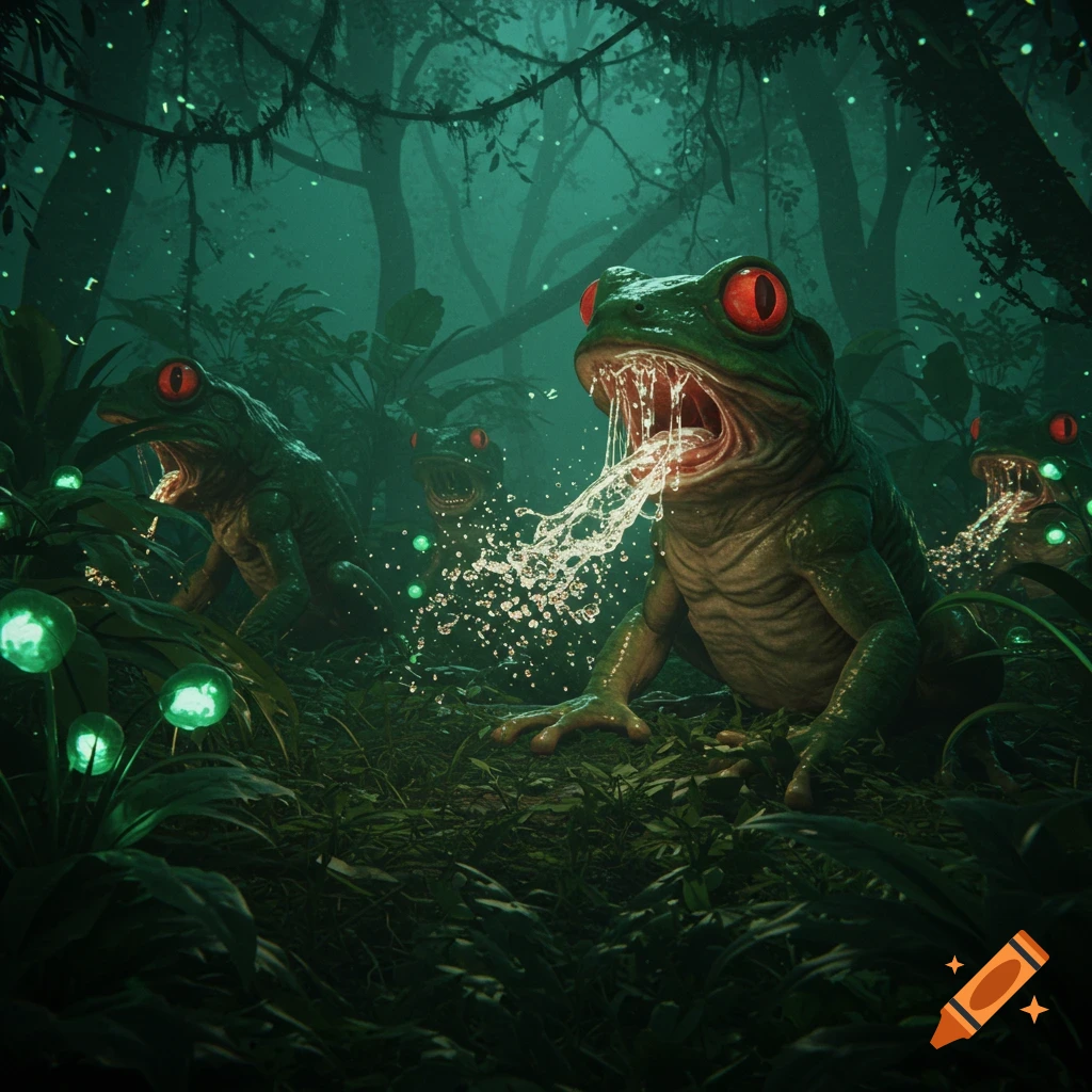 Red-eyed frog-like monsters spit liquid in a dark, misty forest with glowing plants, a creepy fantasy scene.