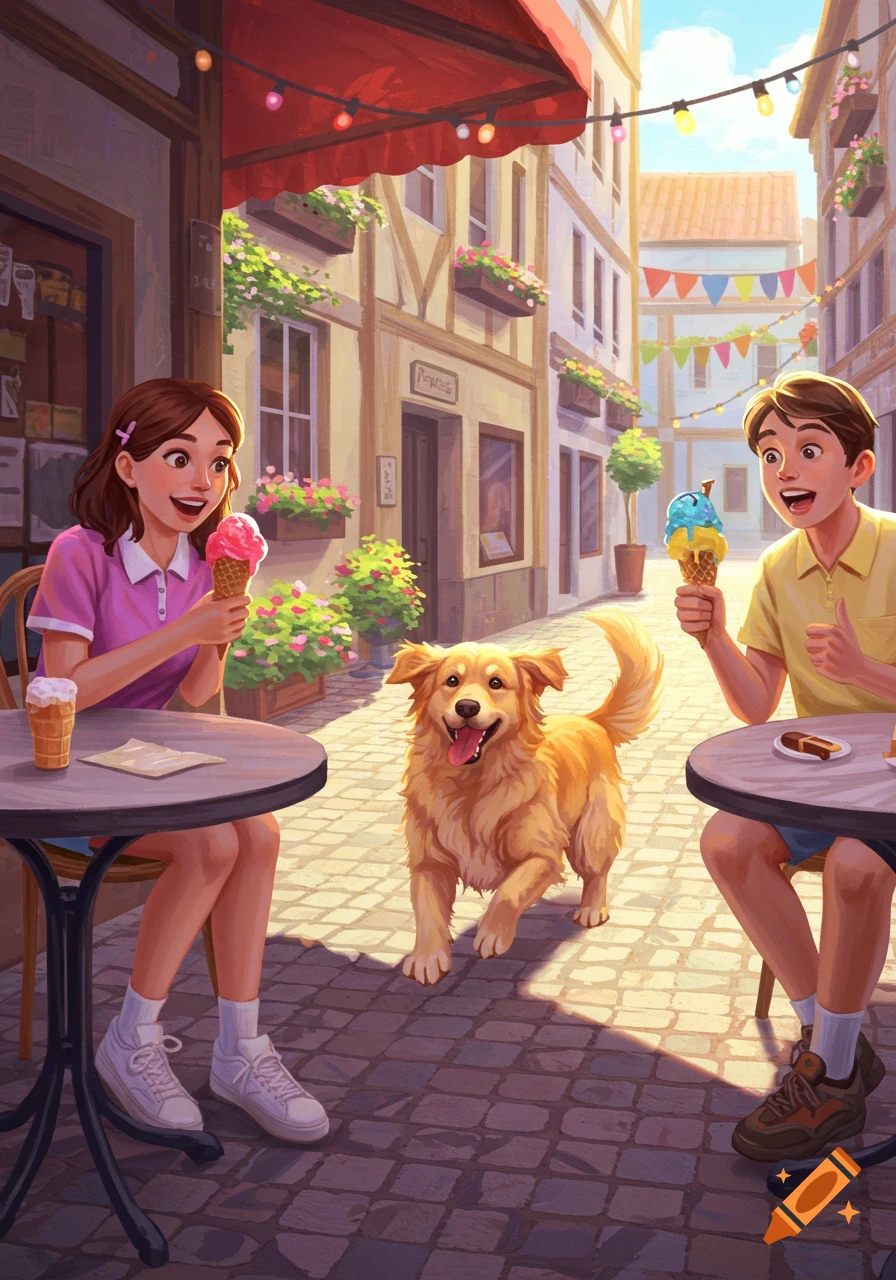 Two happy children eat ice cream at an outdoor cafe while a golden retriever dog approaches in an illustrated style.