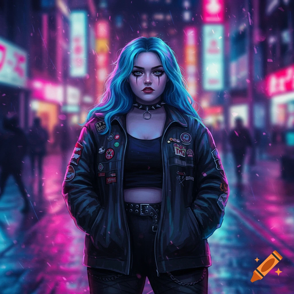 Digital art portrait of a person with vivid blue hair, goth makeup, and a patched leather jacket, standing in a neon-lit cyberpunk street.