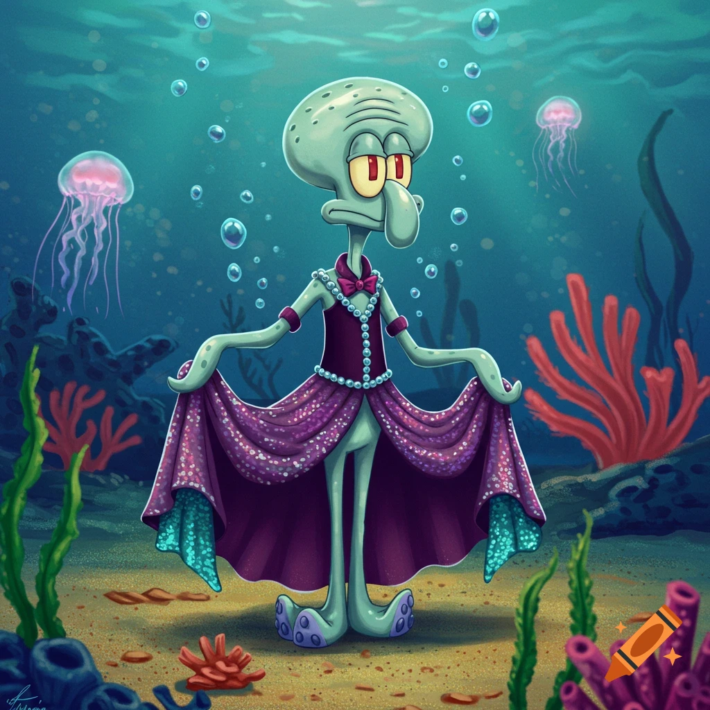 Squidward Tentacles from Spongebob Squarepants standing underwater, wearing a sparkly purple dress and a pink bow tie.