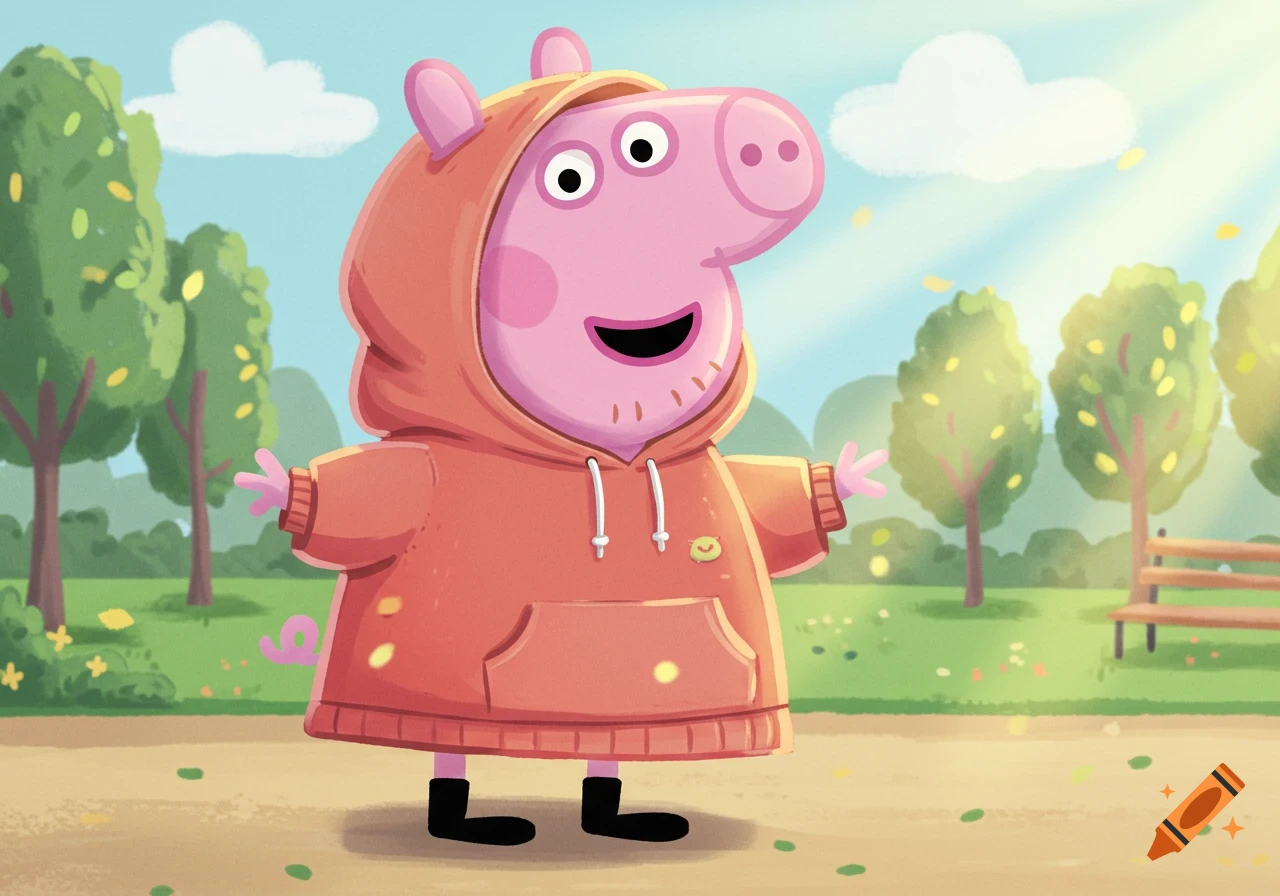 Cartoon Peppa Pig with stubble wearing an orange hoodie stands in a bright, sunny park with green trees and a distant bench.