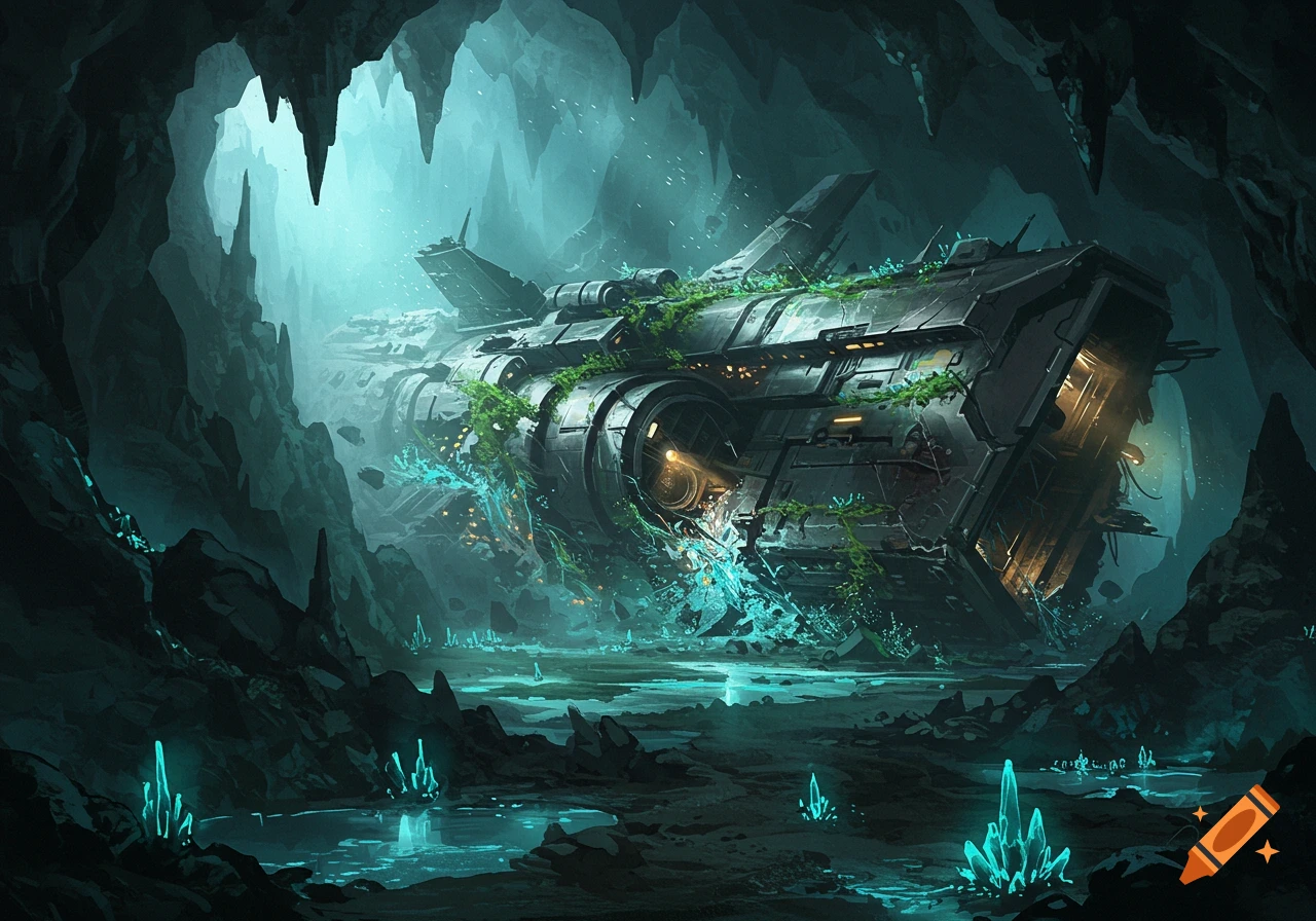 A crashed, overgrown spaceship lies submerged in a bioluminescent cave with glowing crystals and dark rock formations.