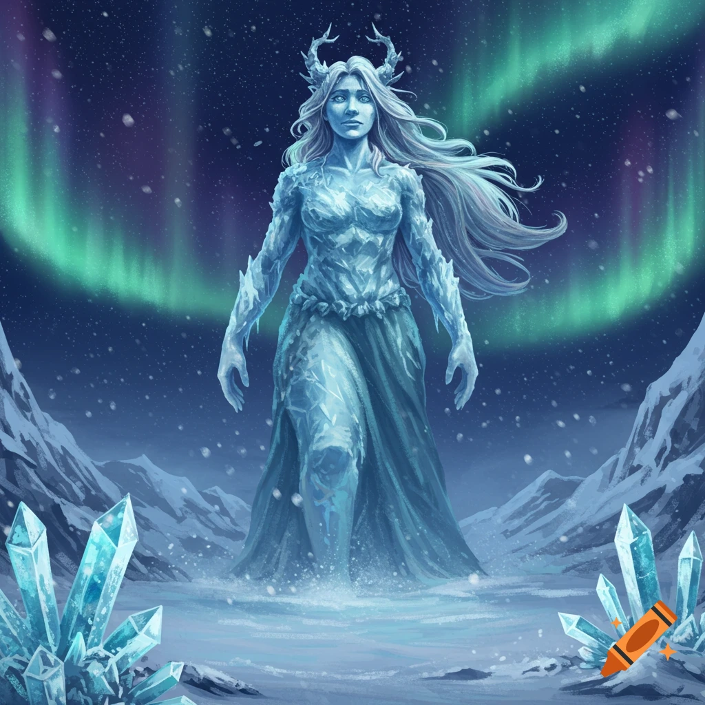 An ice giantess with horns and long white hair stands in a snowy landscape under a green aurora.