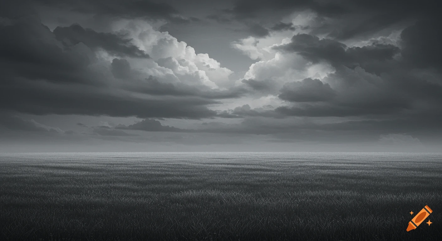 A monochrome landscape featuring a vast field of grey grass under a dark, cloudy sky.